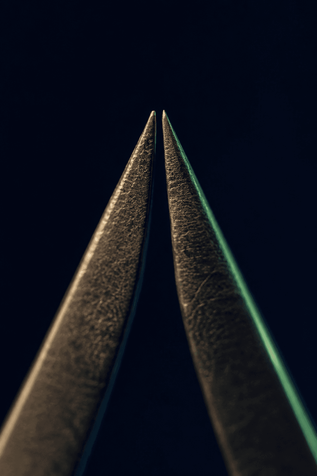 Two fine metal instrument tips meeting almost exactly, a sub-millimetre gap still visible between them.