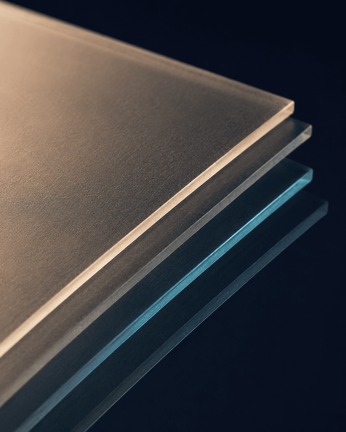 Translucent glass sheets stacked and slightly offset, each edge catching a different light.